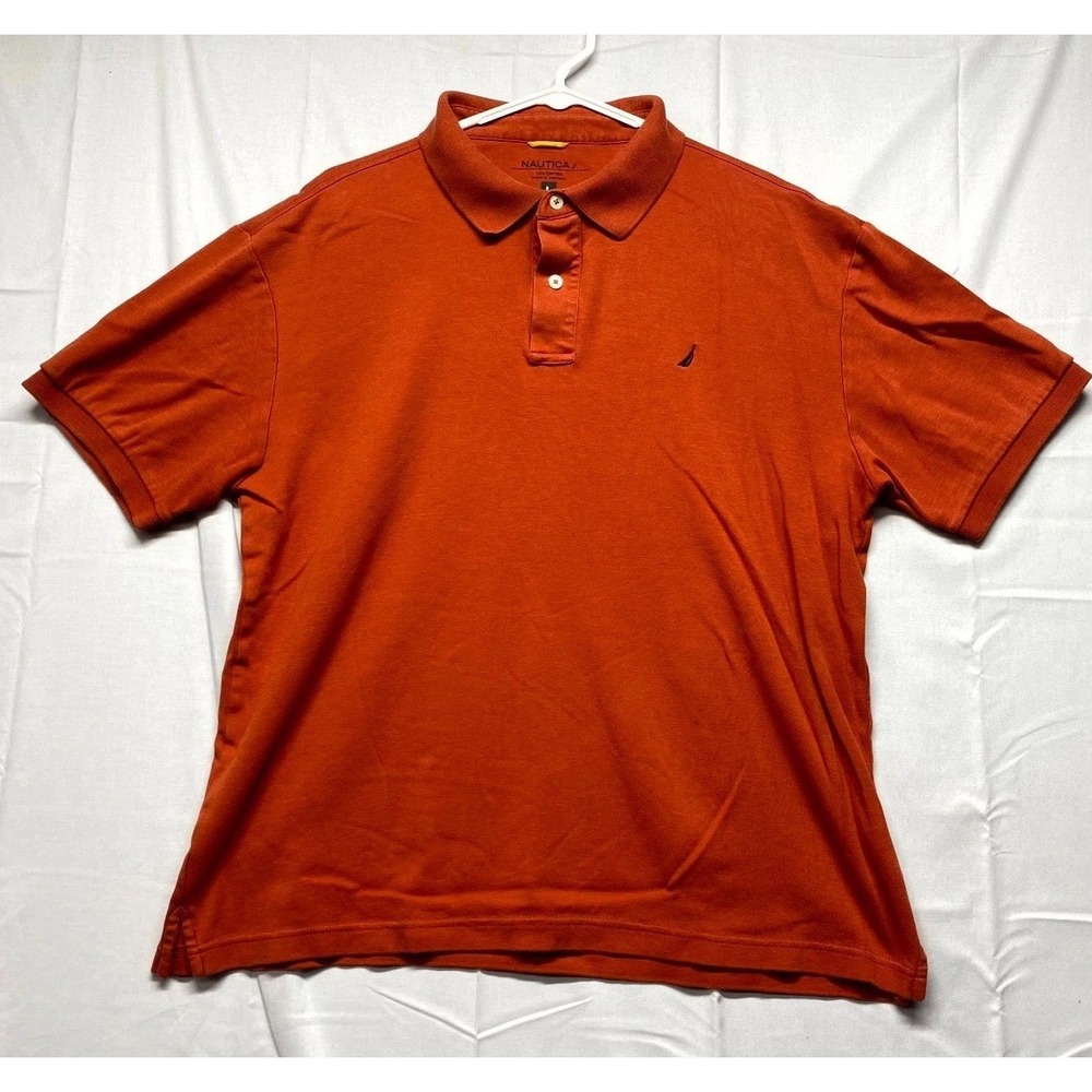 Nautica Polo Shirt Mens Large Rust Orange Cotton Short Sleeve Side Slit Golf